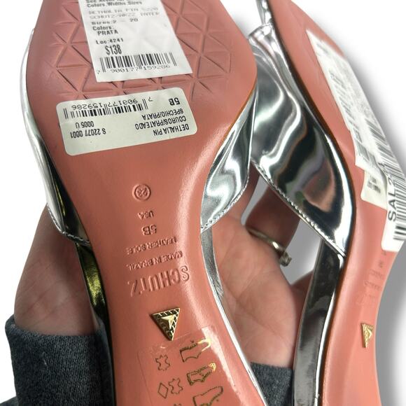 NEW Schutz Dethalia Silver Squared Toe Sandals Size 5 Mirror Metallic Heels - Picture 10 of 11